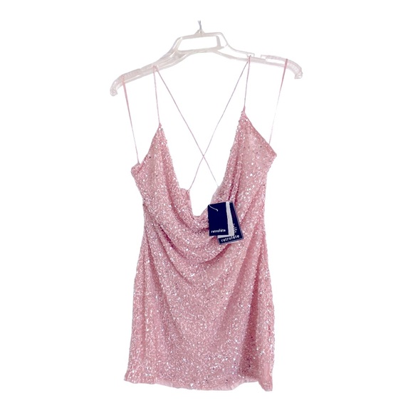 Retrofete Mich Mini Dress Cowl Neckline Sequins Spaghetti Straps Pink Size Large - Picture 6 of 12